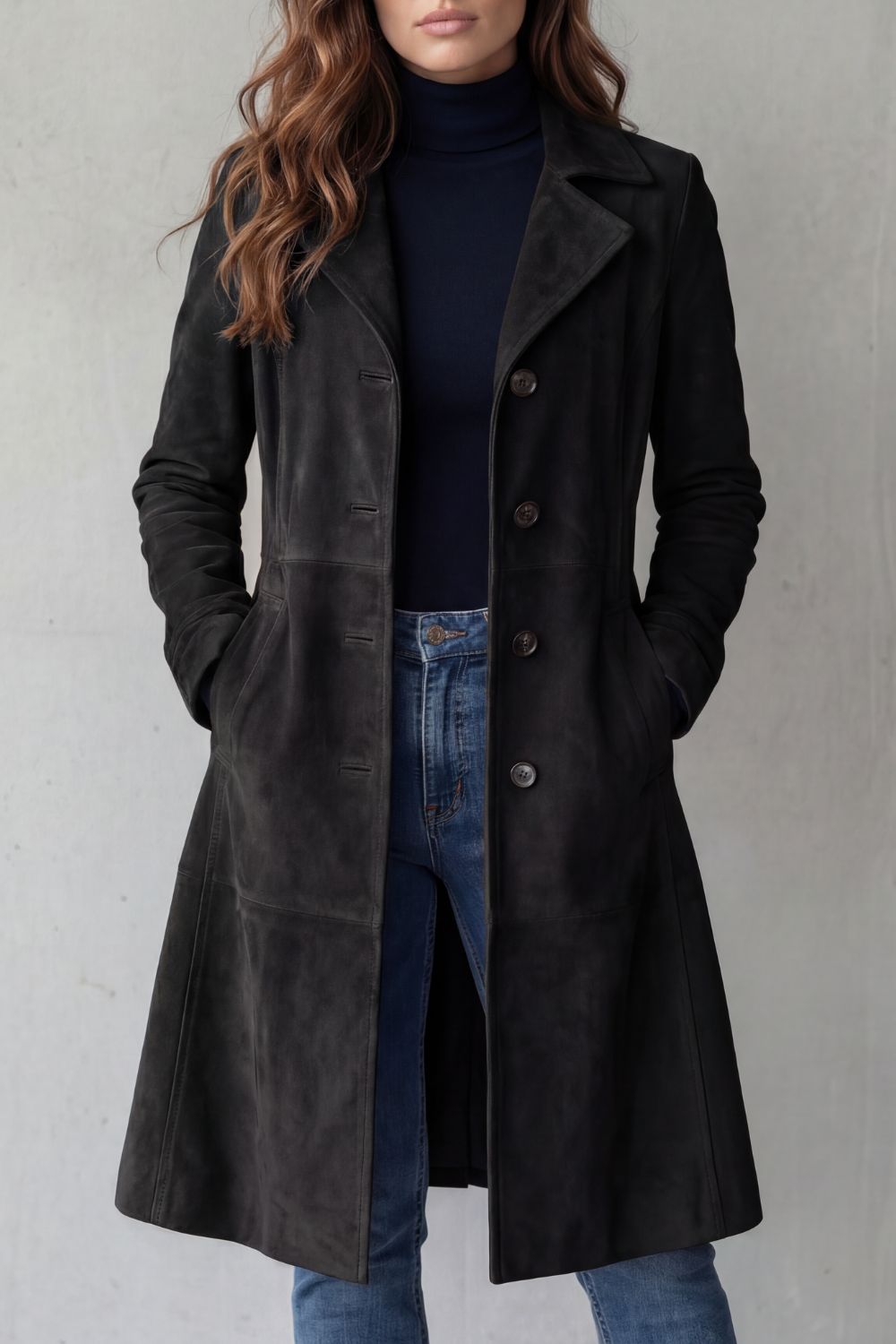 Black suede longline coat with notched lapels, button front, side pockets.