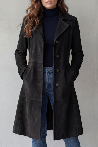 Black suede longline coat with notched lapels, button front, side pockets.