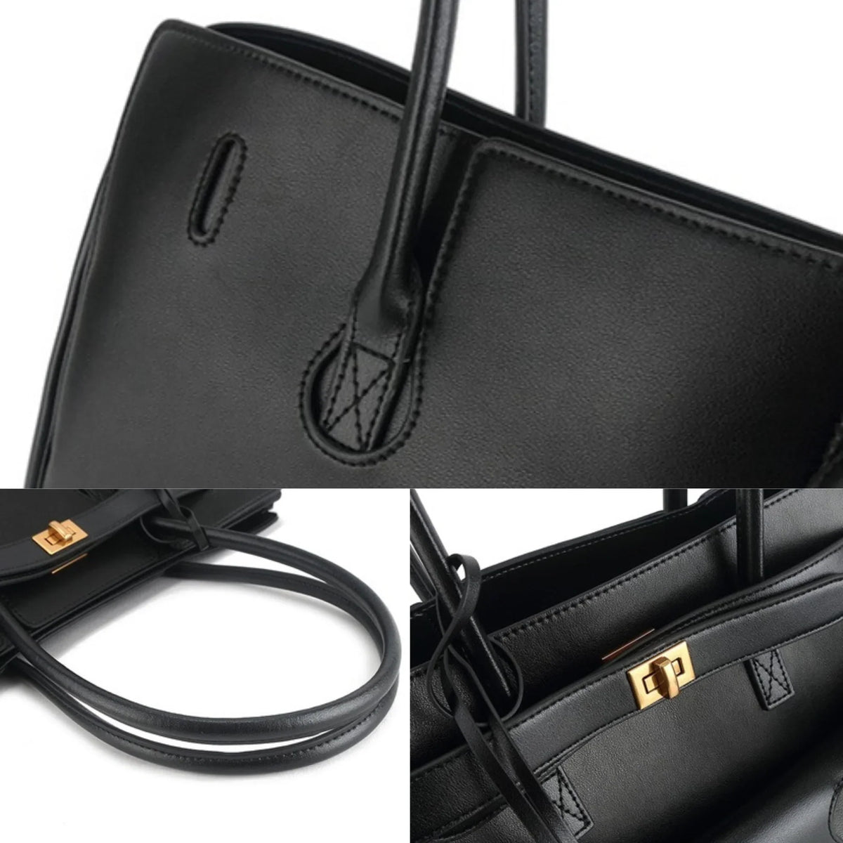 Black handbag close-up: smooth panels, strap details, and gold-tone hardware accents