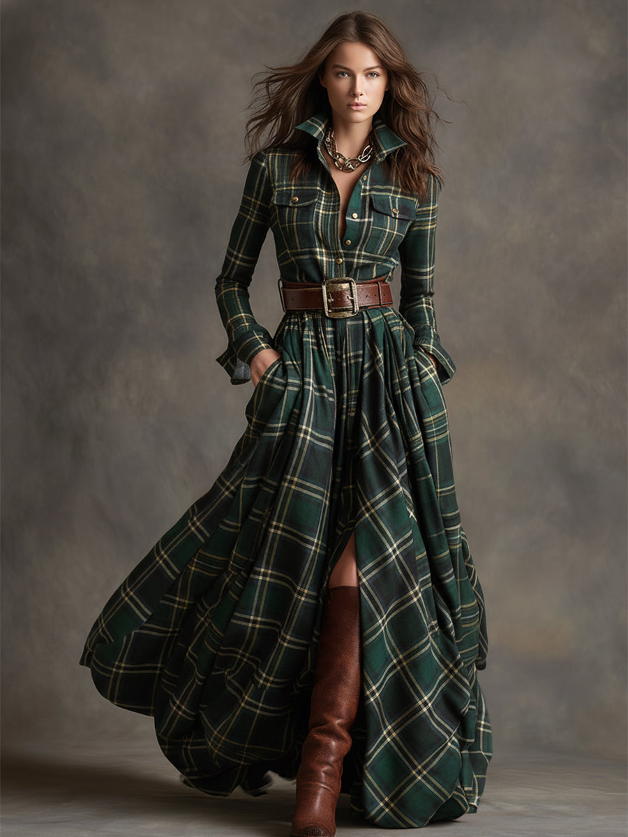 Green plaid shirt dress with long sleeves, button front, and wide waist belt