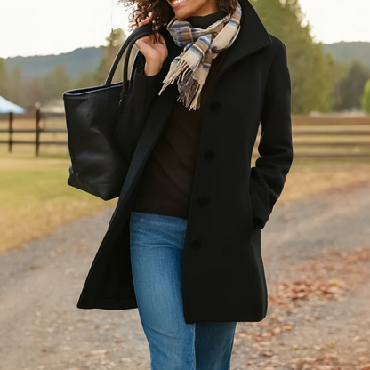 Women’s black winter coat with front button placket and notch collar