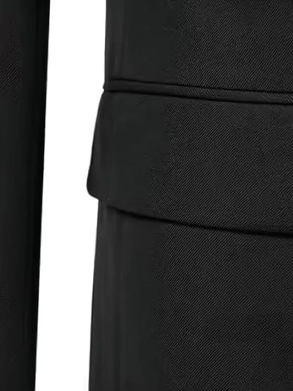 Black suit trousers waist with waistband seam and belt loop detail
