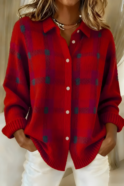 Soft check knit cardigan, red with multicolor plaid, button-front and ribbed cuffs