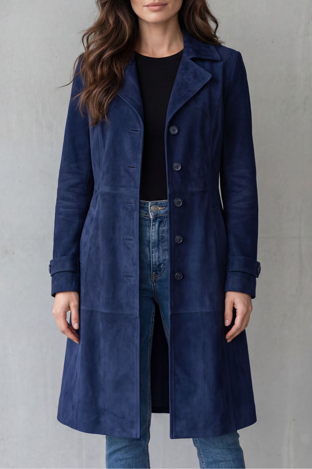 Navy suede longline coat with notched lapels, button front, side pockets.