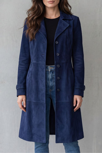 Navy suede longline coat with notched lapels, button front, side pockets.