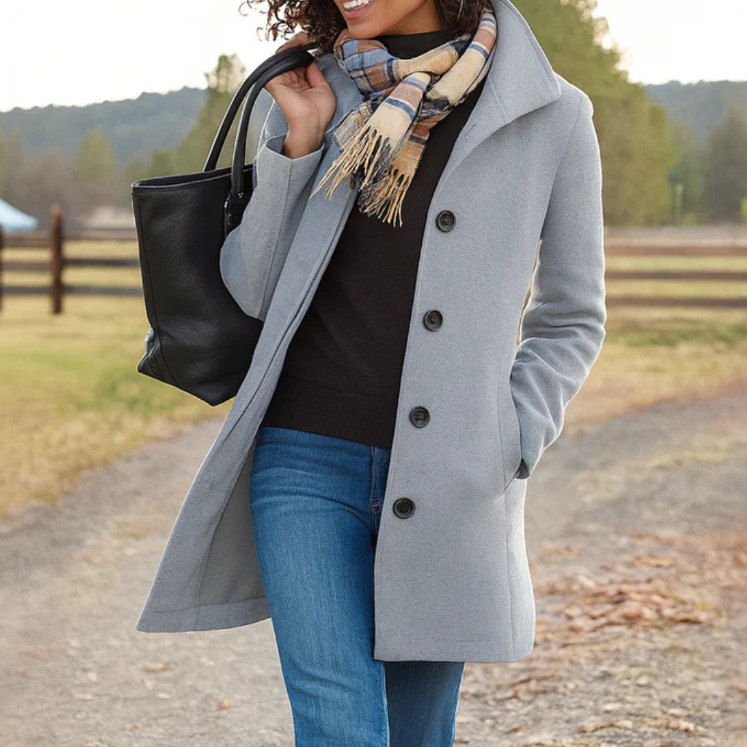 Women’s light grey winter coat with front button placket and notch collar