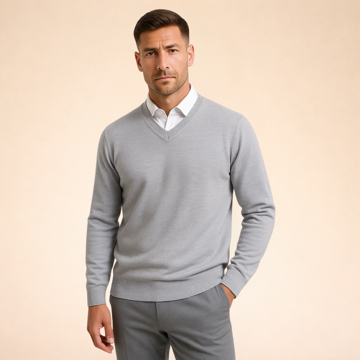 Gray cashmere V-neck sweater with long sleeves and ribbed hem and cuffs