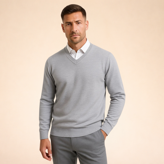 Gray cashmere V-neck sweater with long sleeves and ribbed hem and cuffs