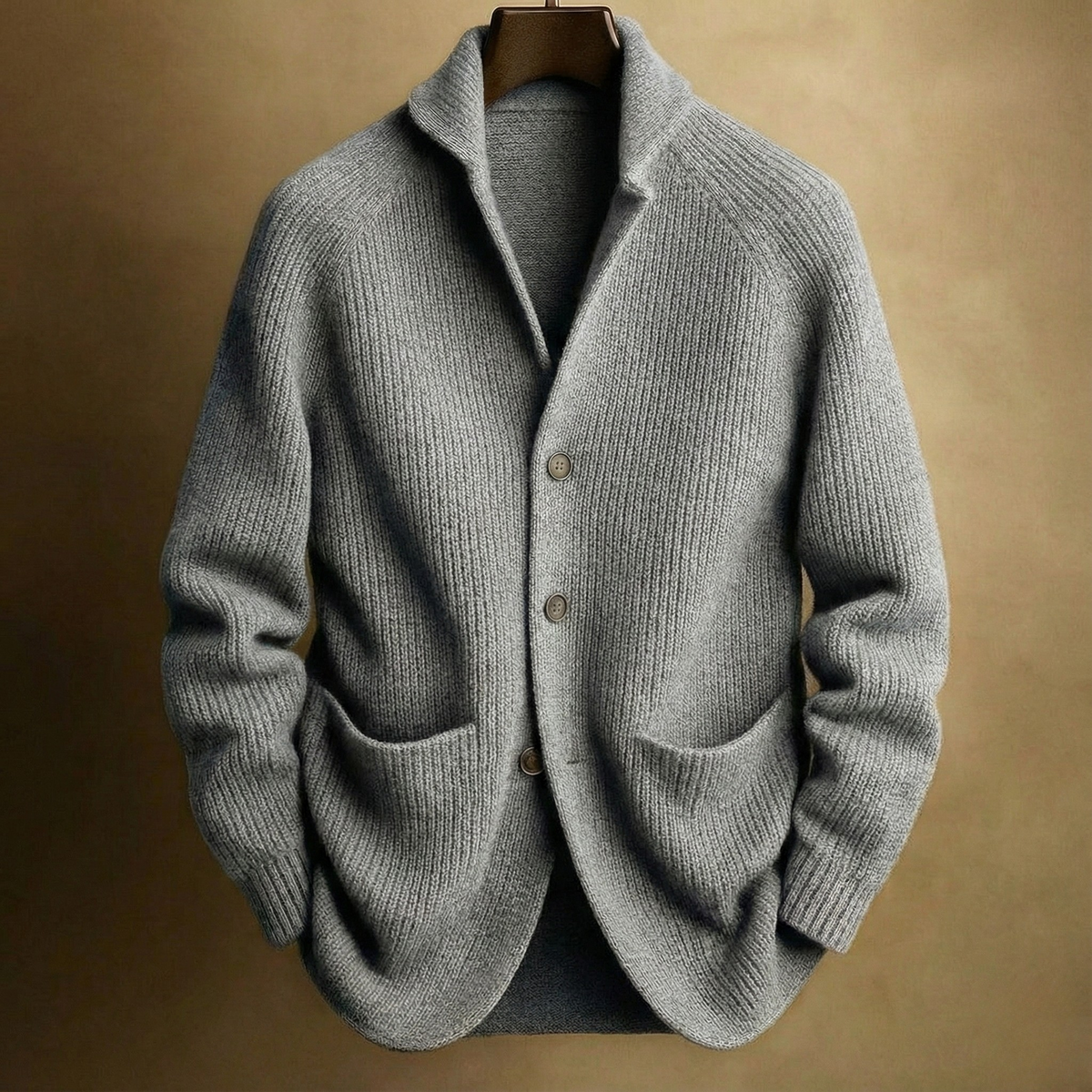 Men's ribbed wool cardigan, grey, button-front closure with two front pockets.
