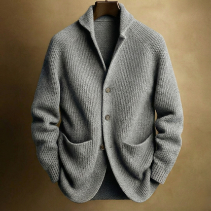 Men's ribbed wool cardigan, grey, button-front closure with two front pockets.