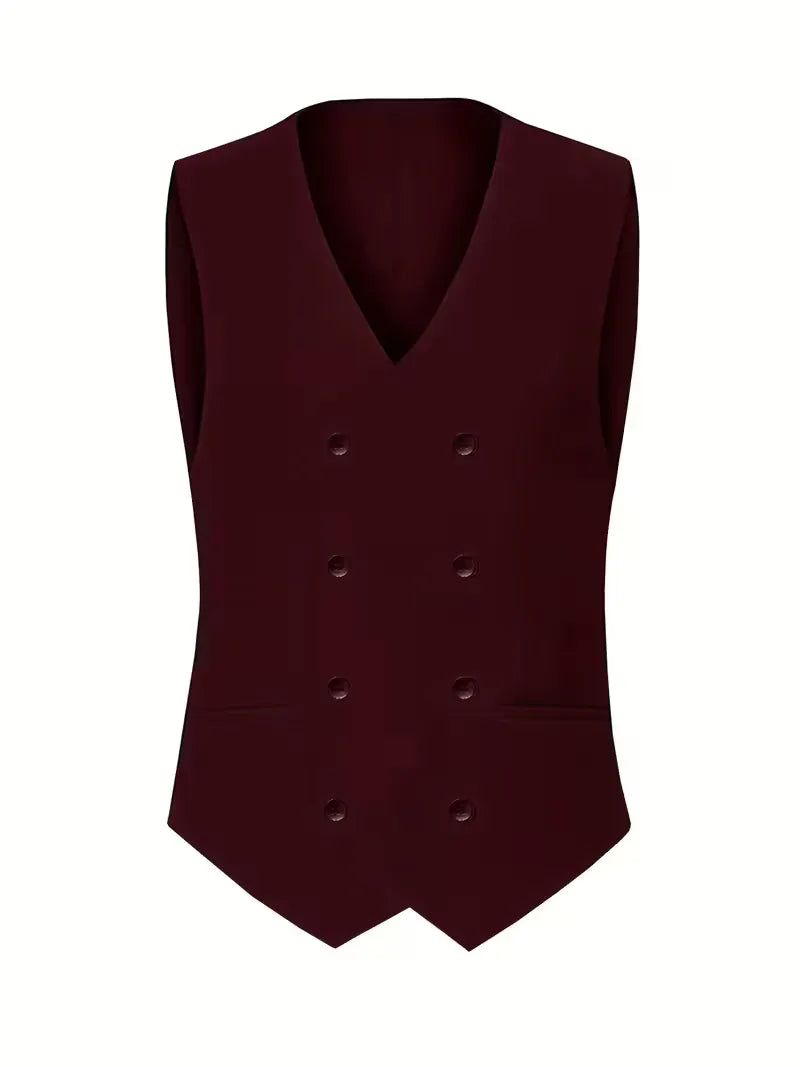 Men's burgundy waistcoat, double-breasted with six buttons and V neckline