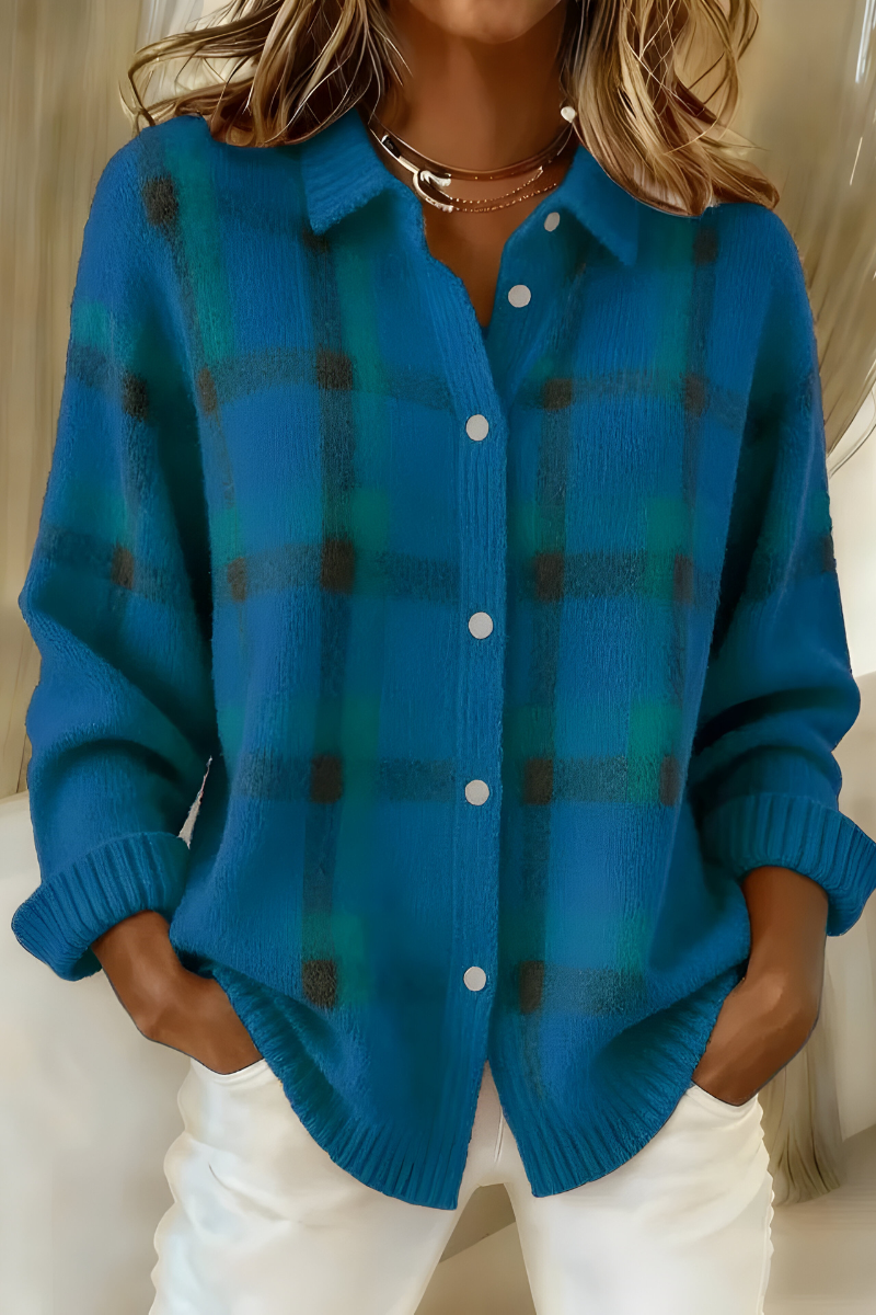Soft check knit cardigan, teal with multicolor plaid, button-front and ribbed cuffs