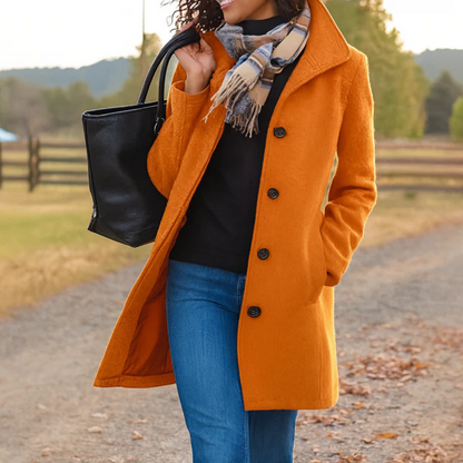Women’s orange winter coat with front button placket and notch collar