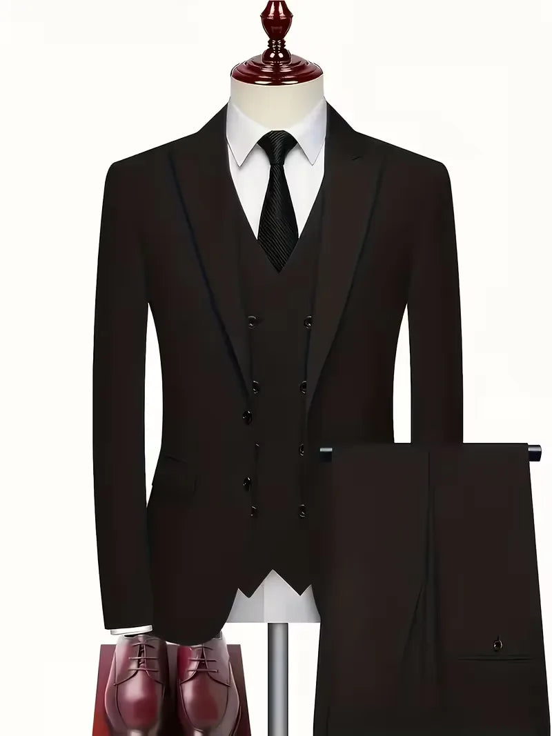 Black three-piece suit set on a mannequin with matching waistcoat and trousers