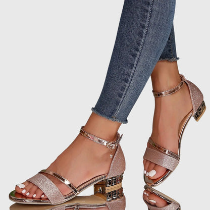 Alison orthopedic heeled sandals, rose-gold glitter open-toe with metal-embossed heel