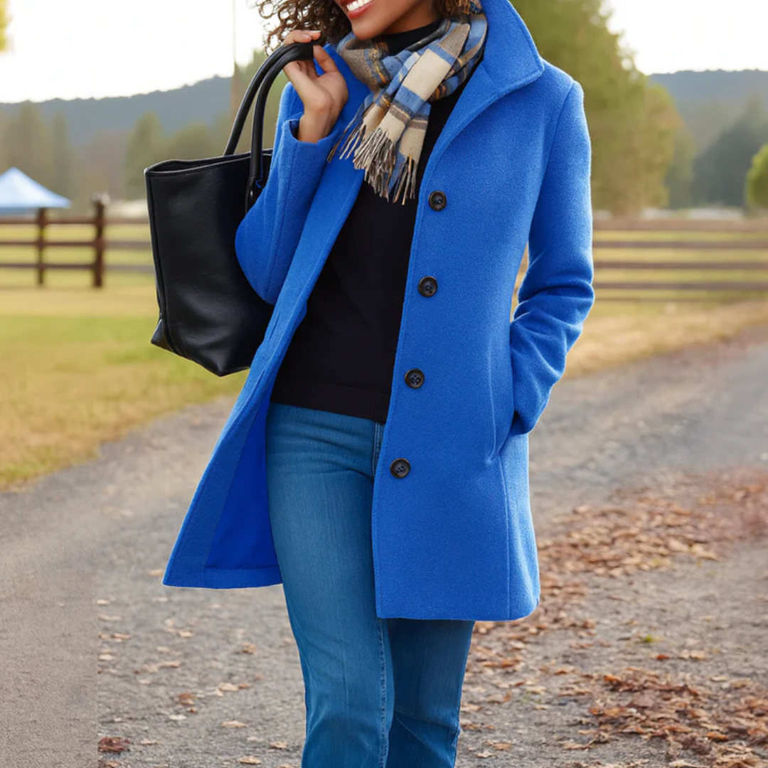 Women’s blue winter coat with front button placket and notch collar