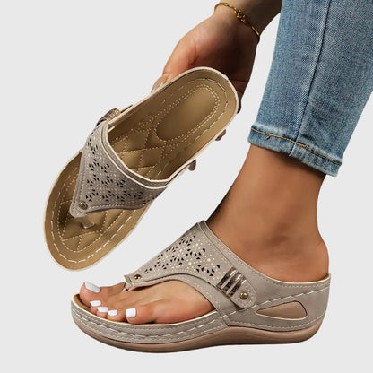 Khaki orthopedic slide sandals with perforated upper and hook-and-loop strap