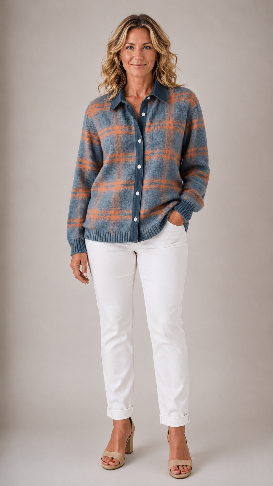 Plaid knit cardigan in blue and orange, button-front with collared neckline, long sleeves
