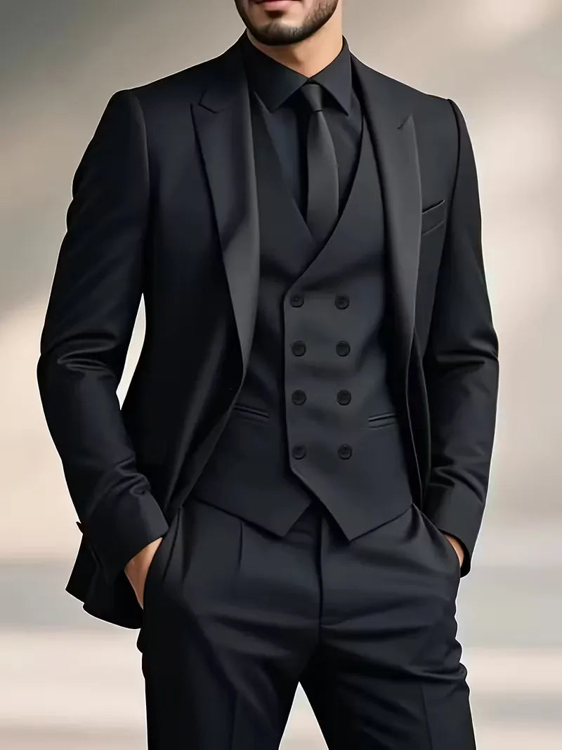 Black slim-fit double-breasted three-piece suit with waistcoat and dress shirt styling