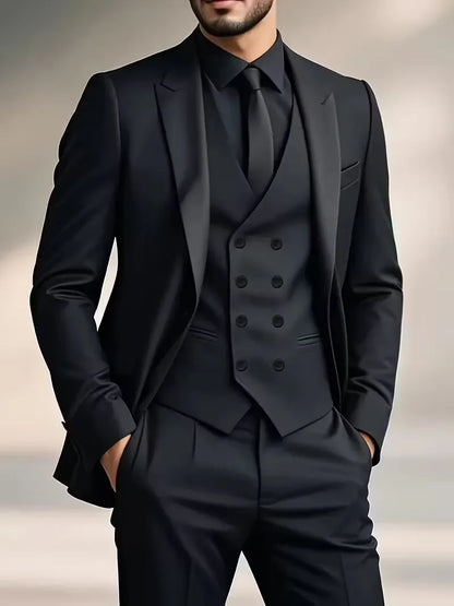 Black slim-fit double-breasted three-piece suit with waistcoat and dress shirt styling