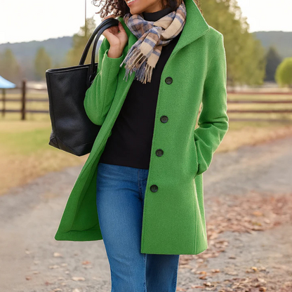 Women’s green winter coat with front button placket and notch collar
