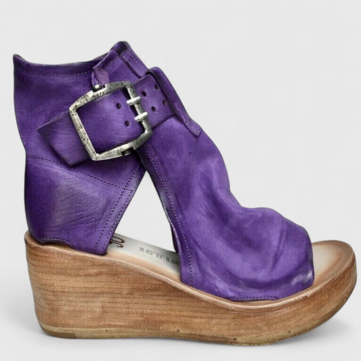 Purple orthopedic wedge sandal with double adjustable buckle straps and open toe