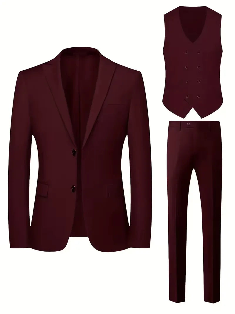 Men's burgundy three-piece suit set: blazer, waistcoat, and trousers, slim fit