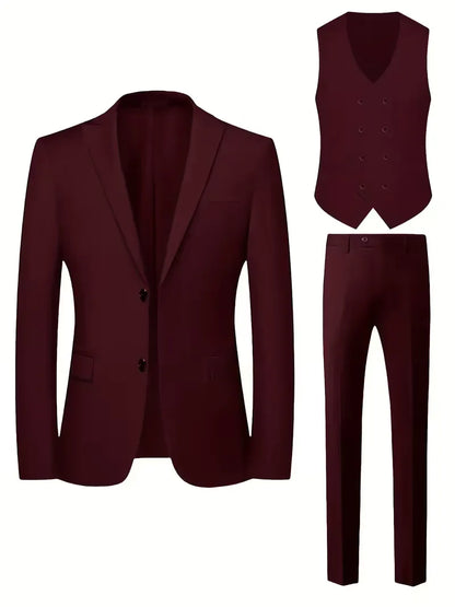 Men's burgundy three-piece suit set: blazer, waistcoat, and trousers, slim fit