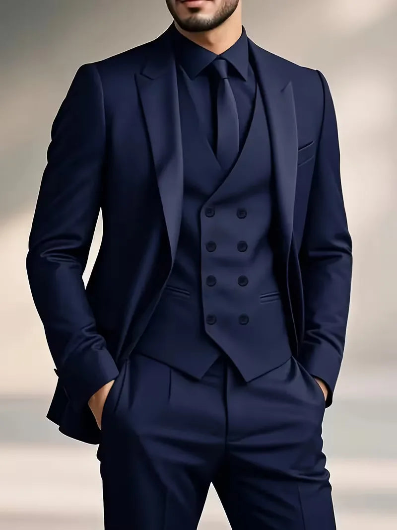 Men's navy slim-fit double-breasted three-piece suit set with waistcoat and trousers