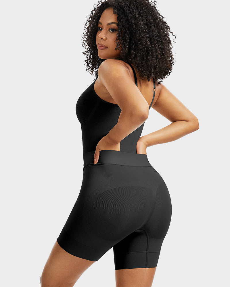 Black sculpting bodysuit with thin straps and smooth shorts shaping