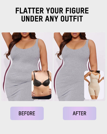 Grey shapewear bodysuit shown before-and-after under an outfit, smooth torso fit