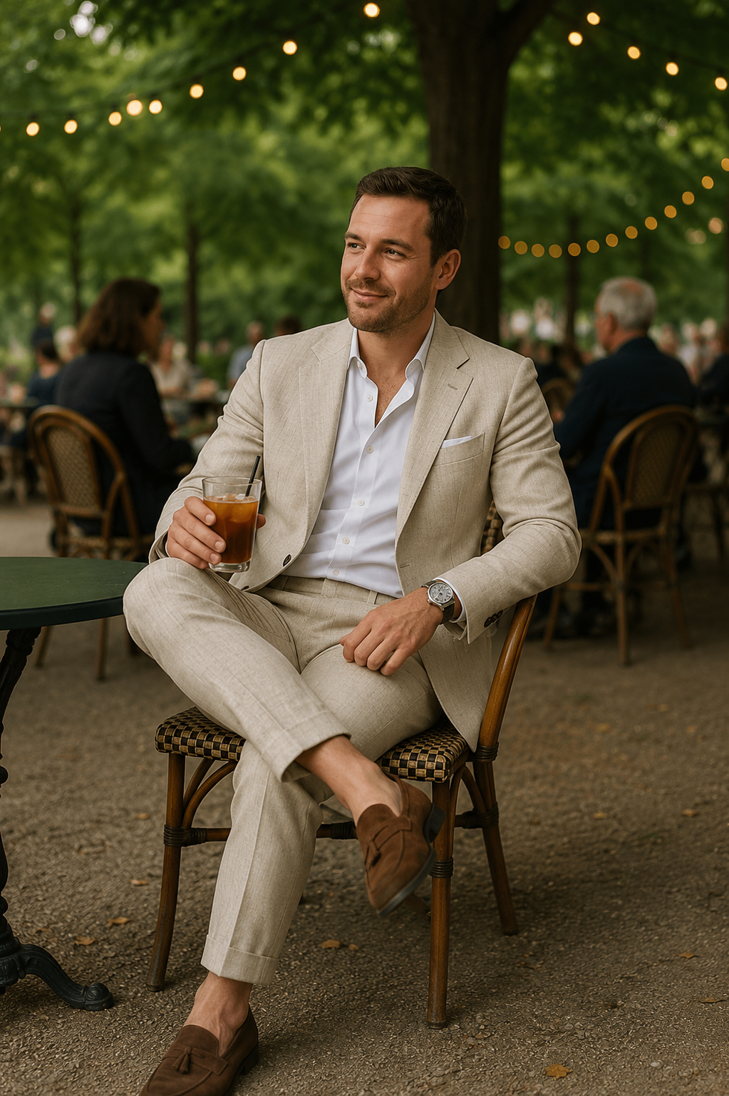 Men's linen-look suit set in light beige: blazer and matching trousers with white shirt