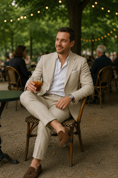 Men's linen-look suit set in light beige: blazer and matching trousers with white shirt