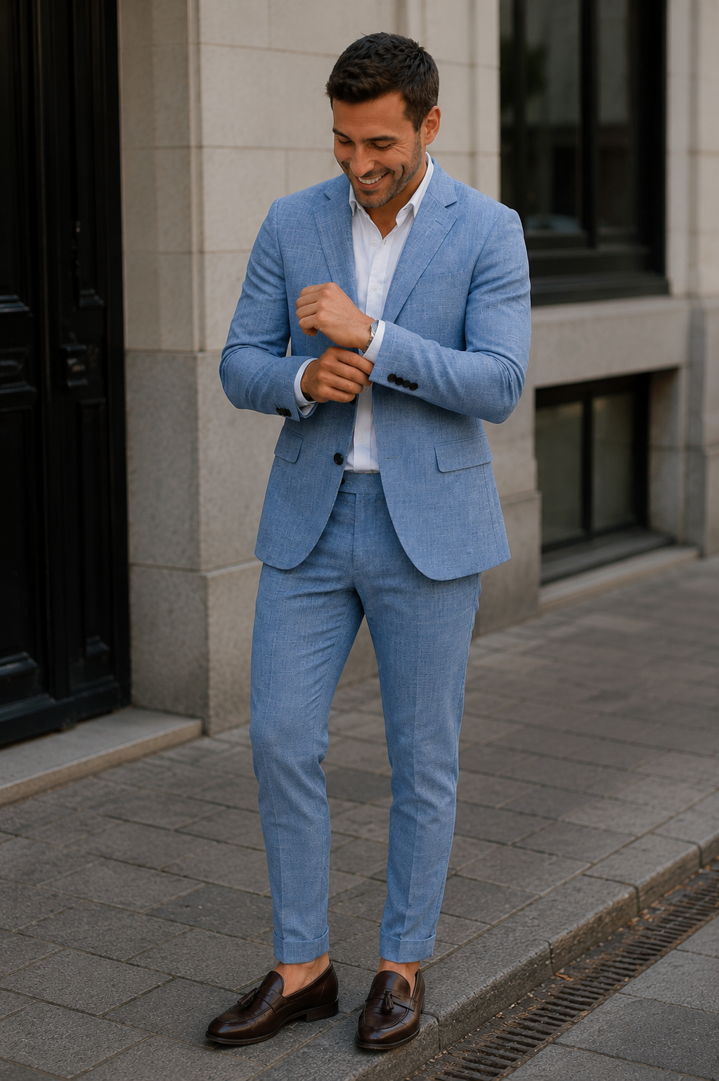 Men's linen-look suit set in blue: tailored blazer and matching trousers with white shirt