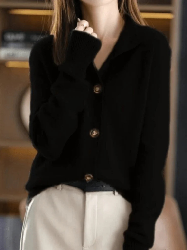 Black button cardigan with notch collar and long sleeves, ribbed cuffs