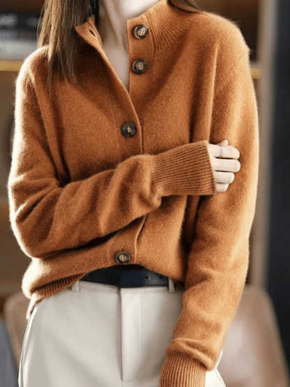 Caramel button cardigan with V-neck and three front buttons, ribbed cuffs