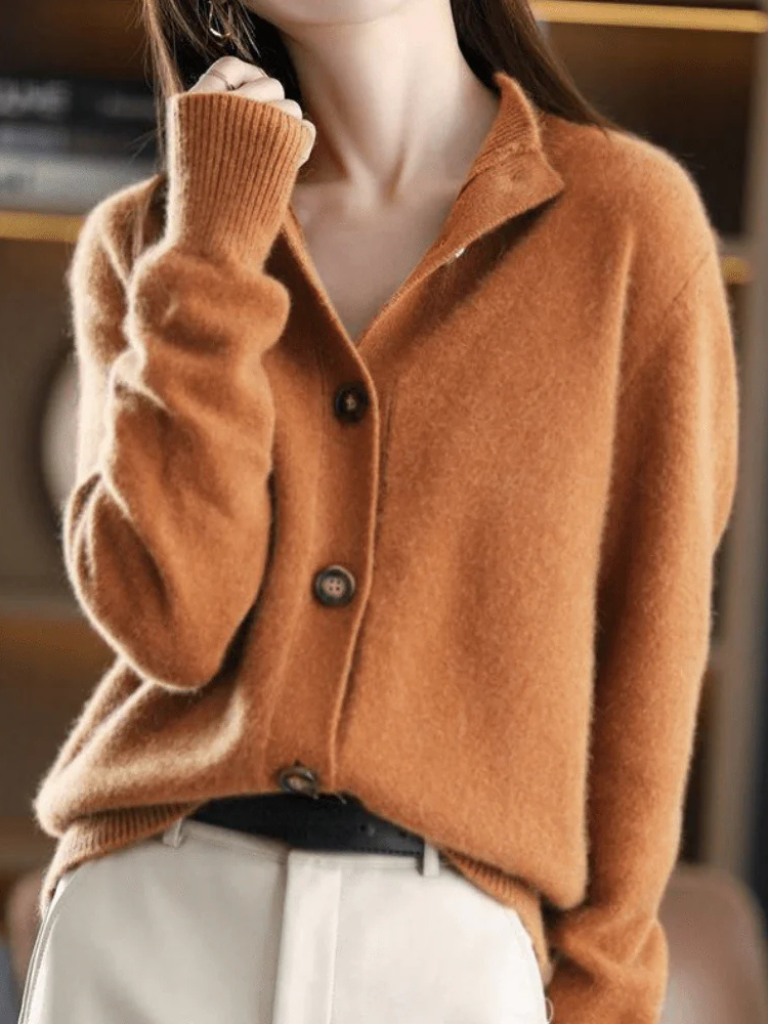 Caramel button cardigan with notch collar and long sleeves
