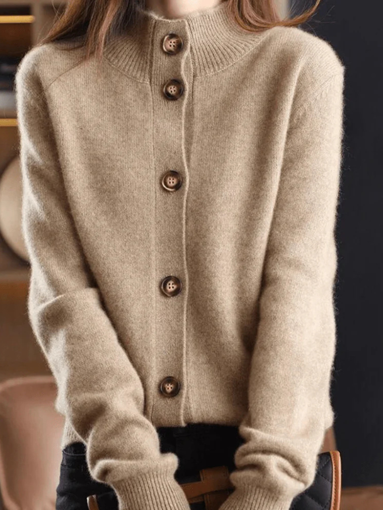 Beige button cardigan with mock neck and long sleeves, ribbed hem