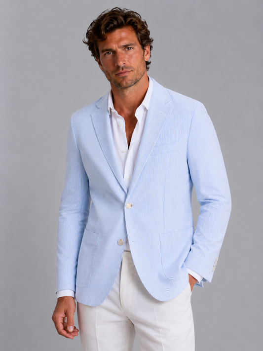 Lightweight light-blue striped blazer with notched lapels and two-button front