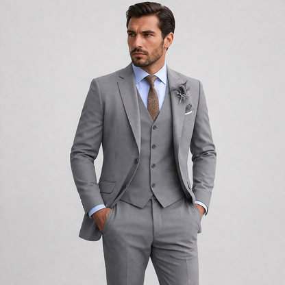 Grey linen three-piece suit with waistcoat, tailored jacket and trousers, front view