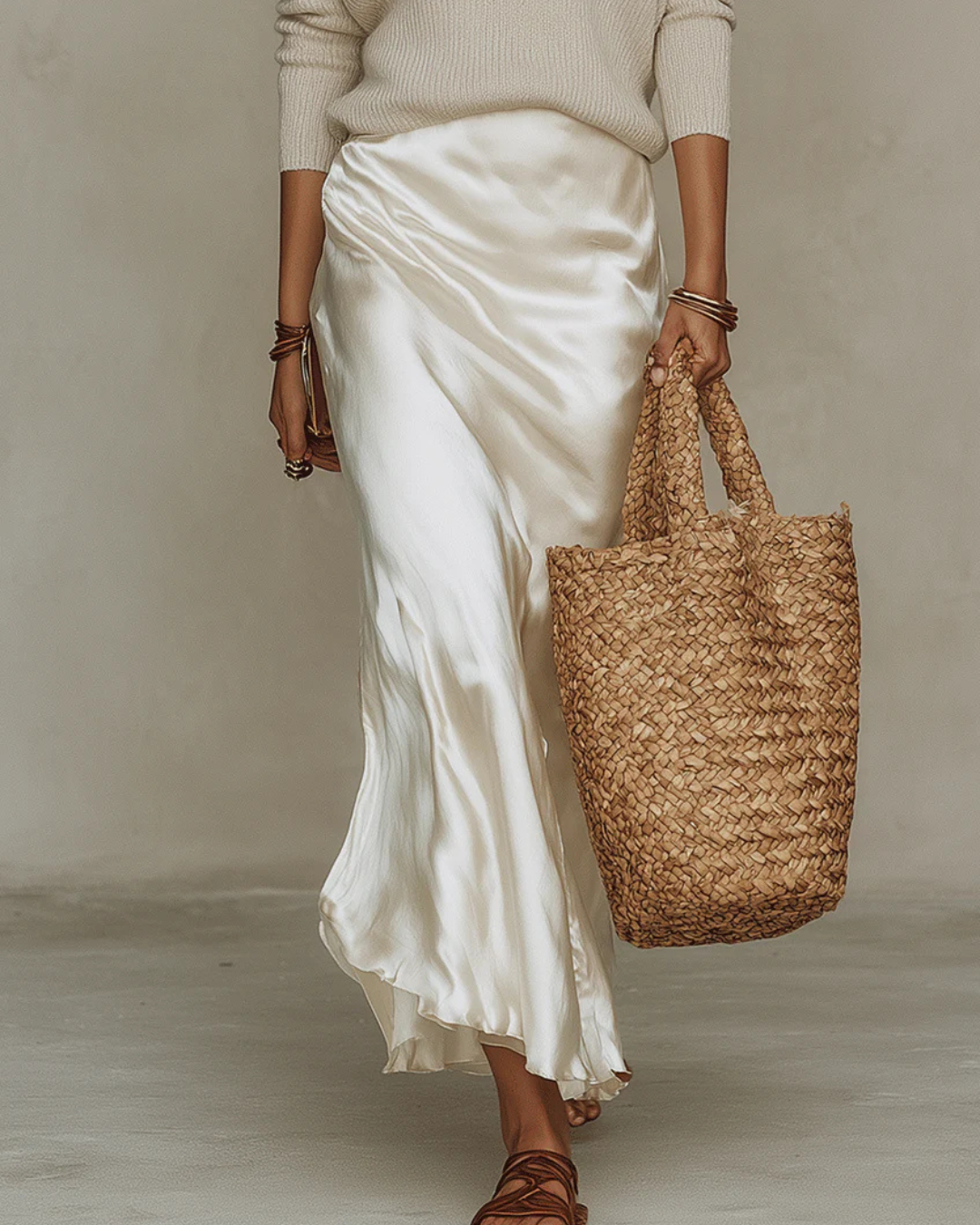 Cream satin midi slip dress with included off-white knit sweater, ruched front