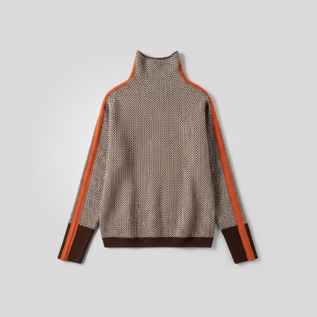 Chevron knit turtleneck sweater with contrasting orange sleeve stripes, front view