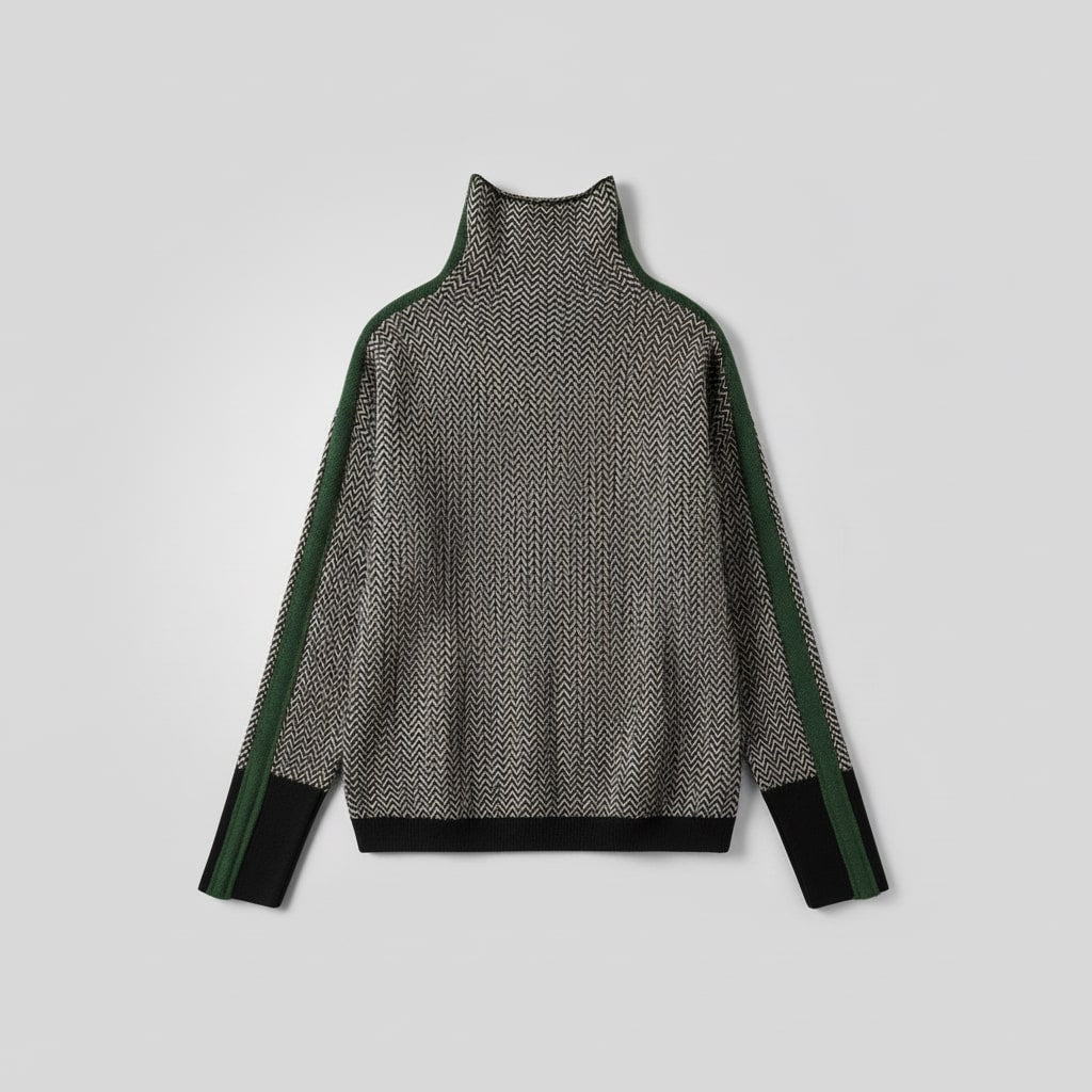 Chevron knit turtleneck with contrasting green sleeve stripes, flat lay