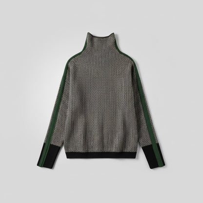 Chevron knit turtleneck with contrasting green sleeve stripes, flat lay
