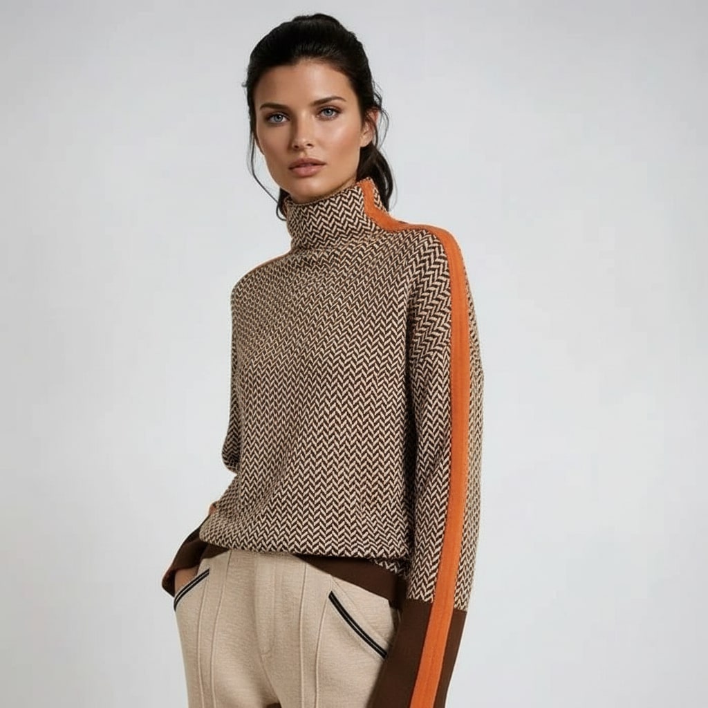 Orange-brown chevron turtleneck sweater with contrasting stripe panels at sleeves and hem