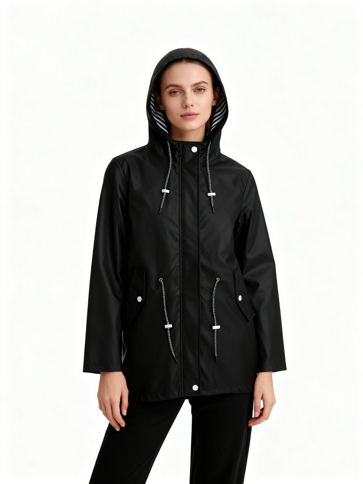 Black waterproof hooded coat with drawstring, zip front, and flap side pockets