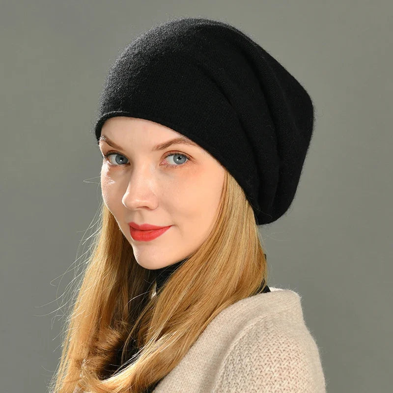 Amara cashmere beanie in black, folded cuff knit beanie