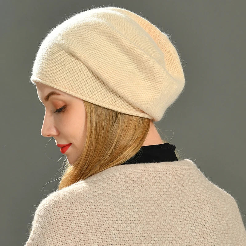 Amara cashmere beanie in beige, folded cuff knit beanie