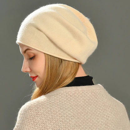 Amara cashmere beanie in beige, folded cuff knit beanie