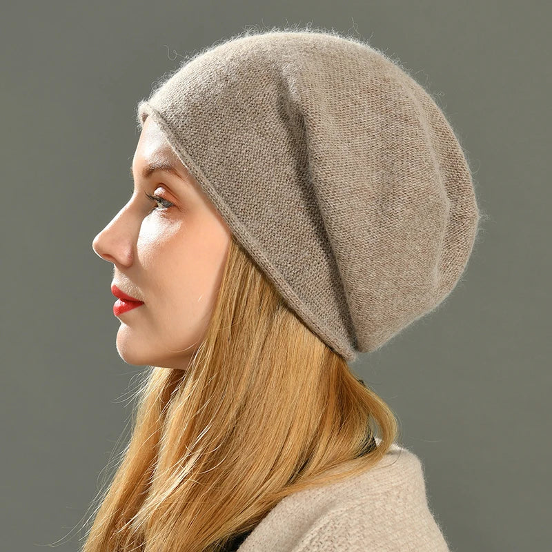 Amara cashmere beanie in taupe, folded cuff knit beanie